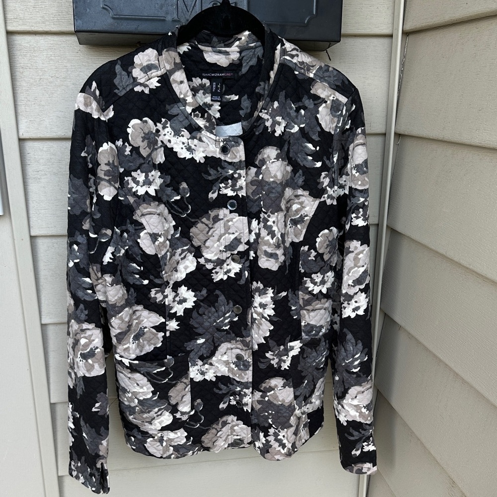 NWOT Isaac Mizrahi Floral Black and Gray Jacket, Size Large